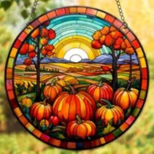 Fall/Thanksgiving Pumpkin Harvest Suncatcher with chain. Approximately 6x6 New.